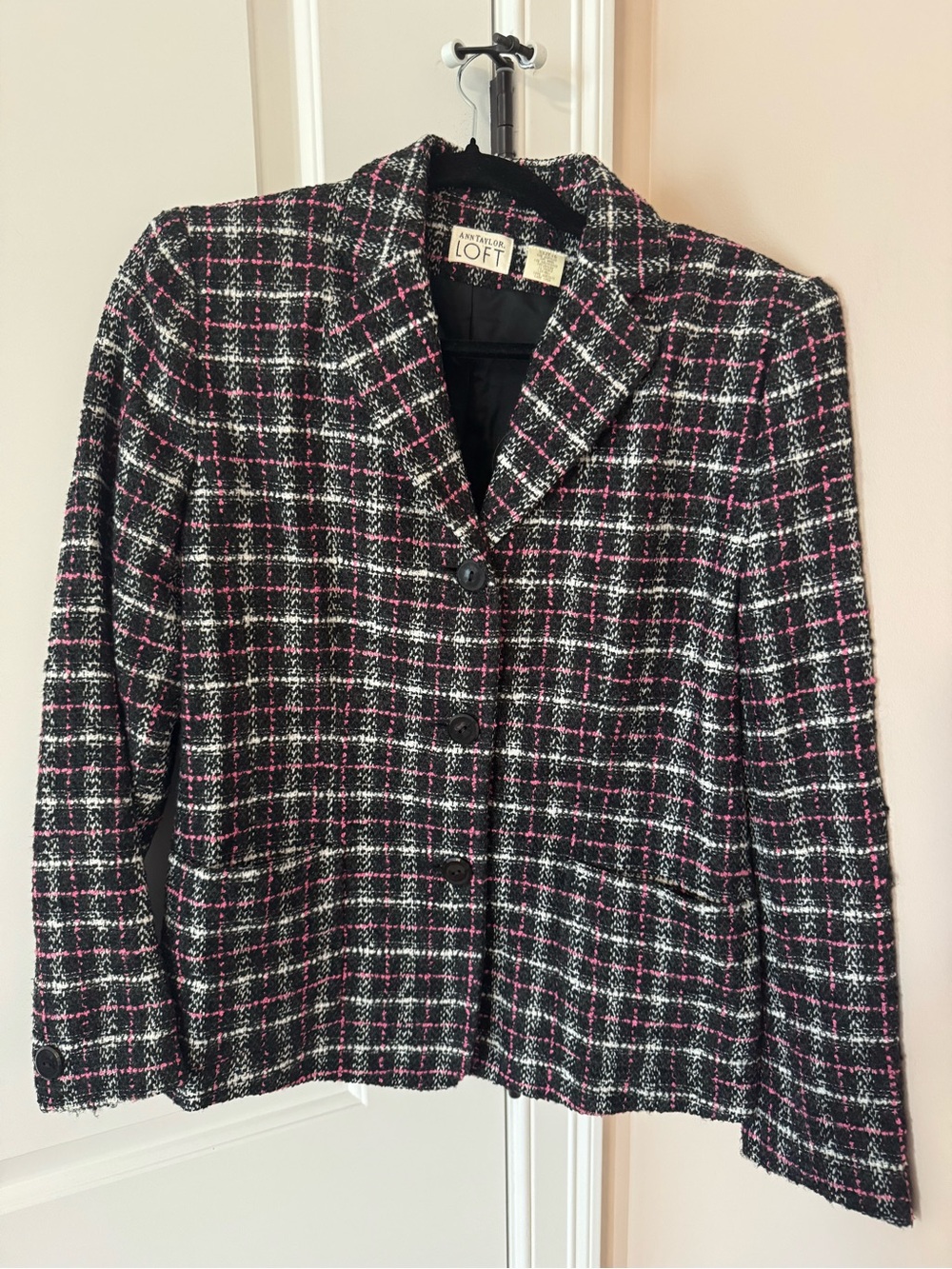 Vintage Tweed Blazer with Pink and White Plaid